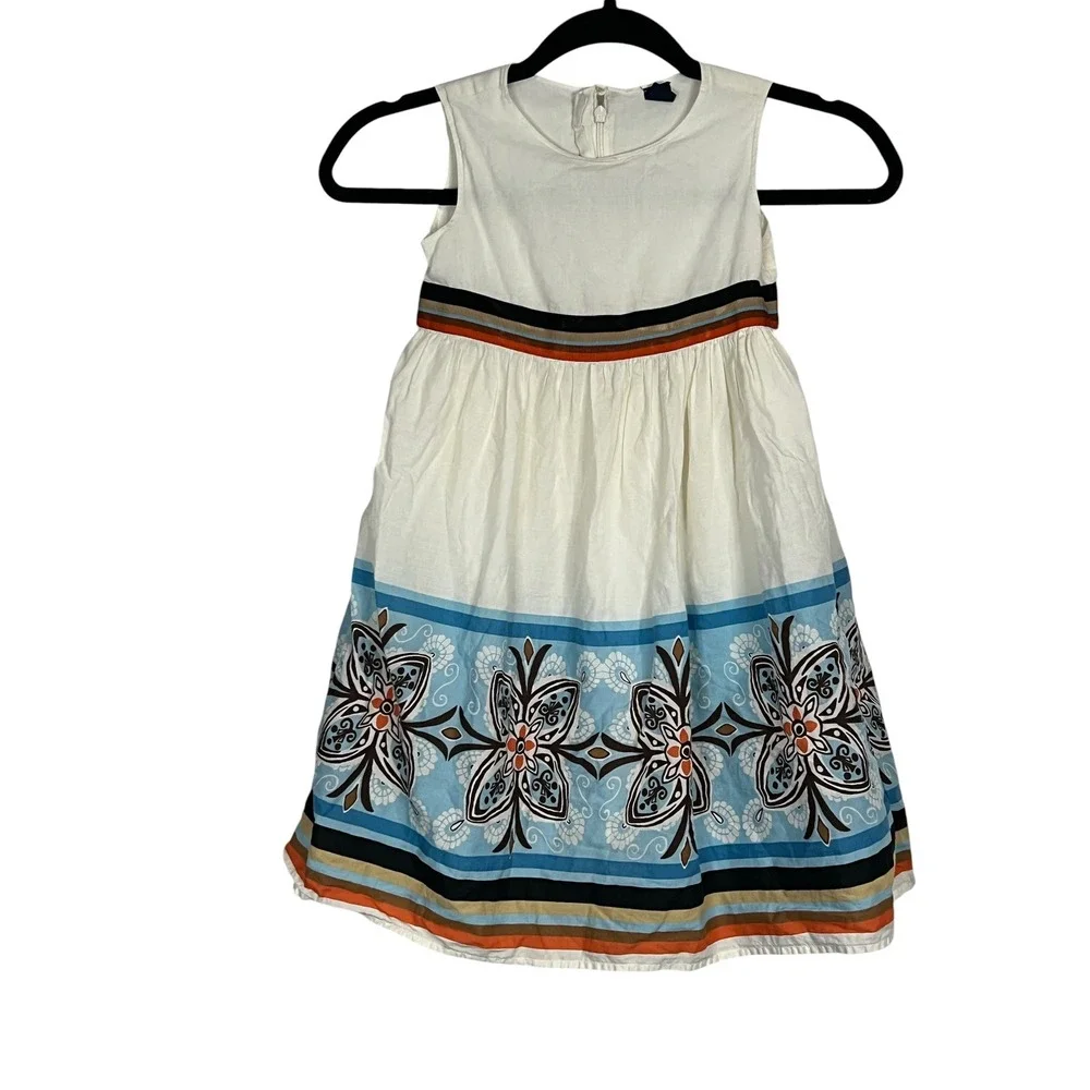 VTG babyGap Sleeveless Dress Kids White Floral Border Print Striped - 5T